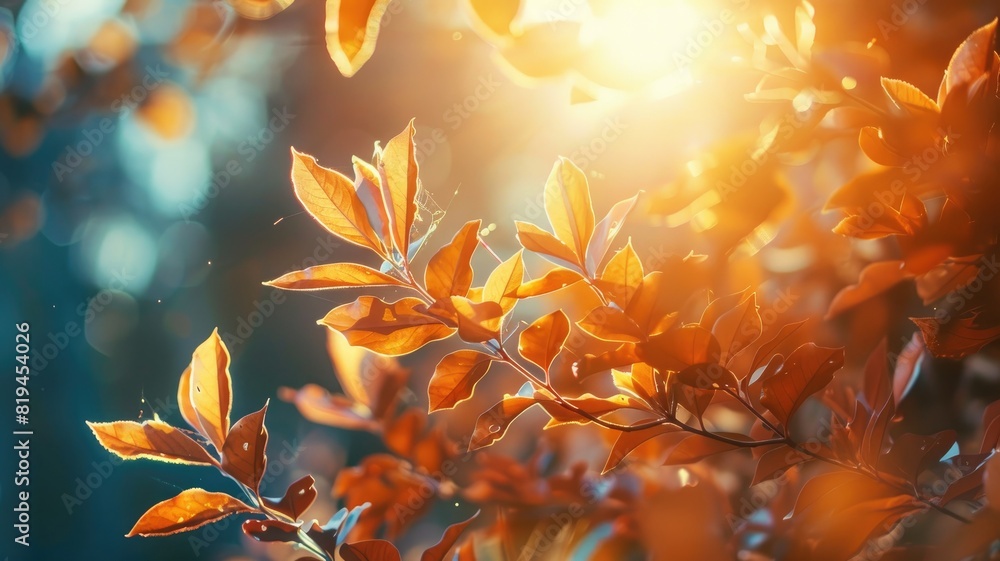 Sunlight illuminating vibrant autumn leaves on branches in forest Sunlight illuminating vibrant autumn leaves on branches in forest