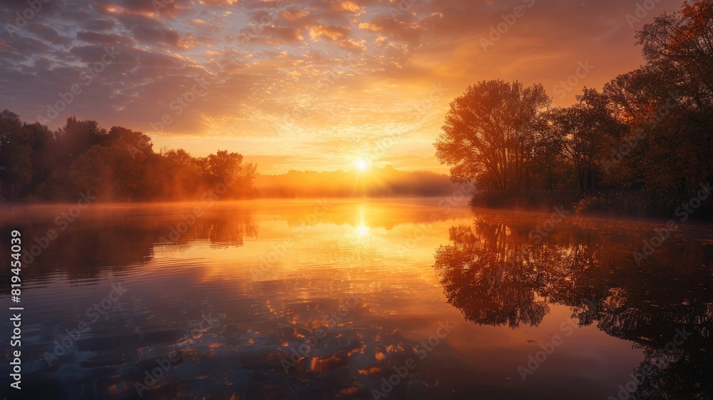 Vibrant sunset over calm lake with trees lining shore, reflecting in water Vibrant sunset over calm lake with trees lining shore, reflecting in water