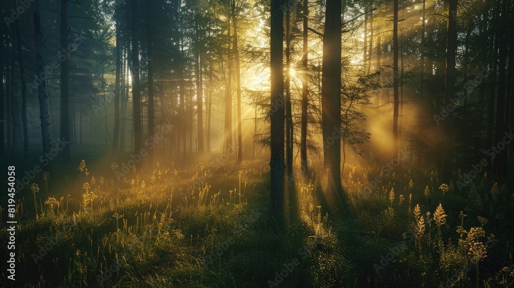 Fototapeta premium Sunlight filters through dense forest, illuminating vegetation