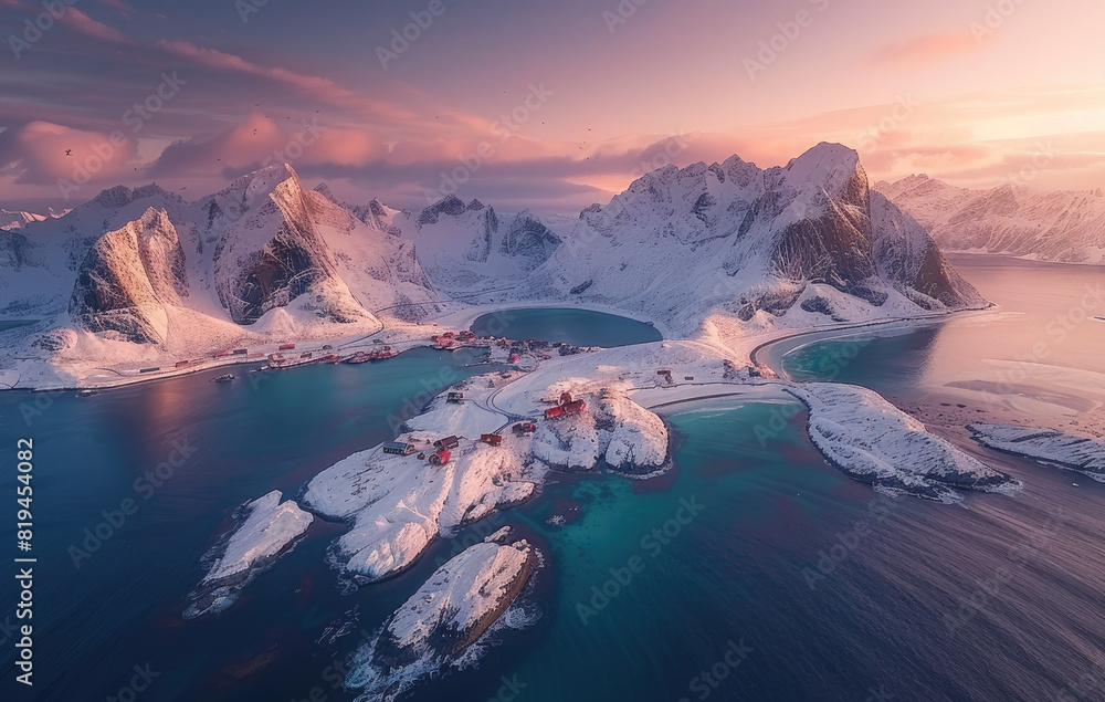 A breathtaking aerial view of the Lofoten Islands in Norway, showcasing snow-covered mountains and turquoise waters under an endless sky during sunset.