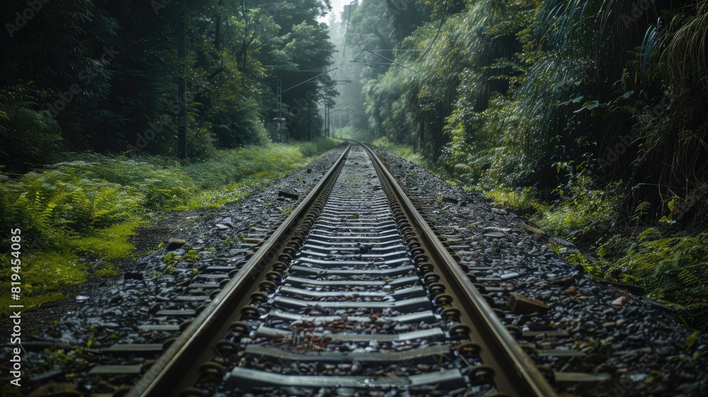 Fototapeta premium Misty railway track through forest with lush greenery on both sides
