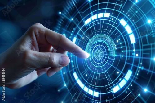 Futuristic interface with human finger pointing at digital circle. Concept of technology, innovation, and virtual reality.