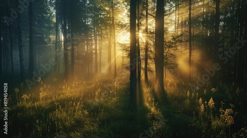 Sunlight filters through dense forest  illuminating vegetation