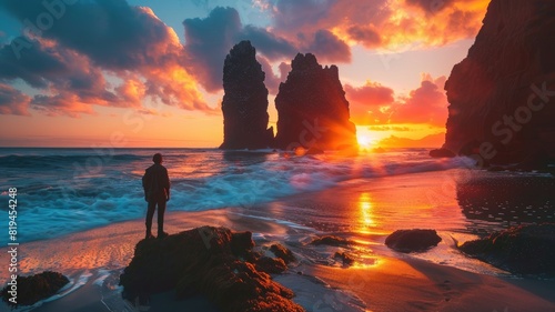 Person standing on beach at sunset with sea stacks in background