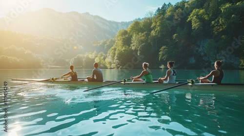 A team of five rowers sculling across a lake towards the sunrise. AIG51A. photo