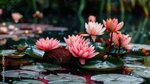 Vibrant pink water lilies floating on serene pond  among green lily pads