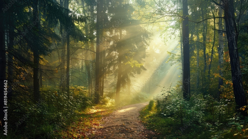 Sunlight filters through lush forest, illuminating serene pathway