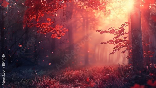 Sunlight filters through magical, misty forest with red foliage © Татьяна Макарова