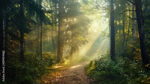 Sunlight filters through lush forest, illuminating serene pathway © Татьяна Макарова