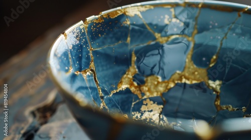 A bowl with gold trim and a blue background