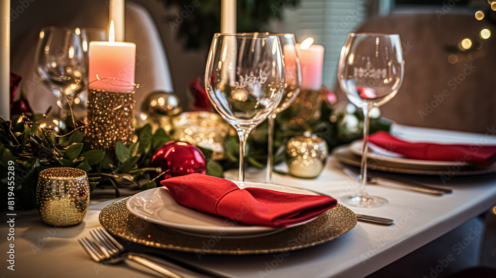 Festive date night tablescape idea, dinner table setting for two and Christmas, New Year, Valentines day decor, English countryside home styling