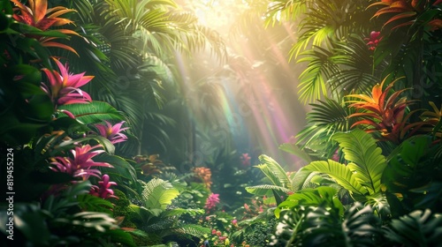 3D render of a lush tropical jungle with vibrant rainbow accents around the edges, central area left blank for text
