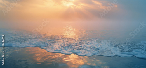 Beautiful sunrise over a calm ocean with soft waves reflecting the warm, golden light. Tranquil and serene coastal landscape perfect for relaxation. © ketsarin