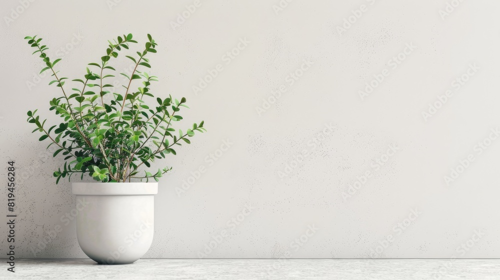 Green plant in white pot against blank wall Green plant in white pot against blank wall