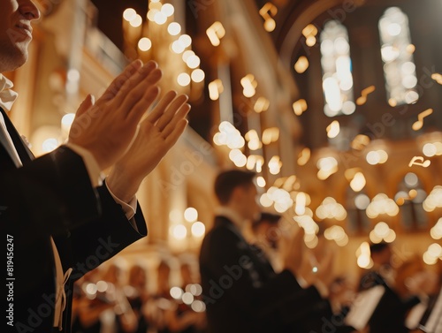 Men in formal attire clap during a ceremony inside a beautifully illuminated church with stained glass windows and chandeliers. photo