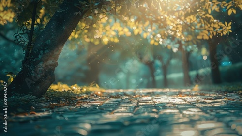Sunlit cobblestone path through lush  leafy trees creating serene atmosphere