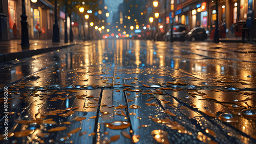 A wet city street at night during rain, with glistening pavement reflecting the lights.
