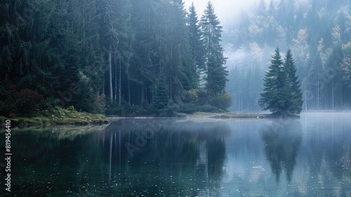 Serene foggy lake with forested shoreline and reflections