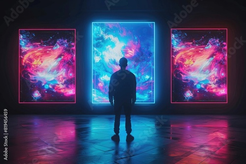 The concept of a futuristic art gallery with neon lights. A man is standing in the center looking at three digital pictures on the wall against a black background. 