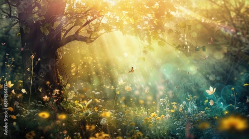 Sunlight filters through serene forest  illuminating flowers and tree Butterflies flutter about in magical  tranquil setting