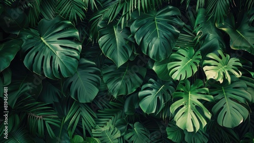 Lush green tropical leaves overlapping under sunlight