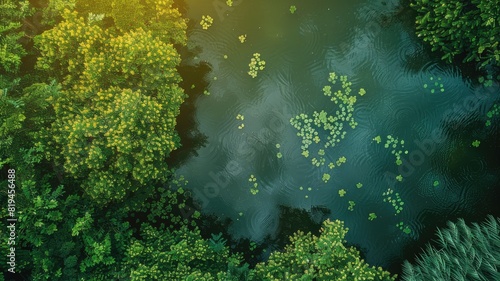 Aerial view of lush green trees and rippling water with lily pads
