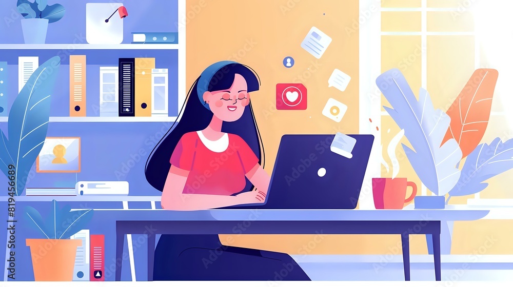 Creative Blogger's Space: Woman at Laptop with Cozy Workspace Creative Blogger's Space: Woman at Laptop with Cozy Workspace