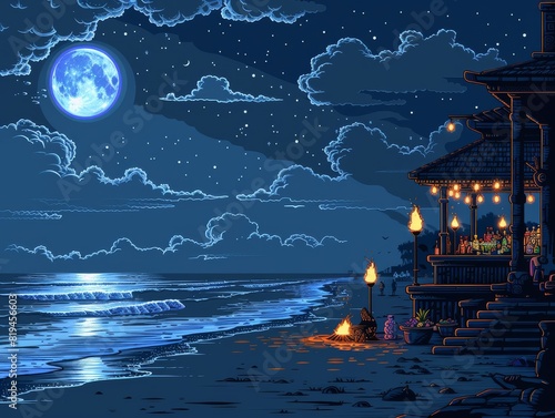 Stunning Moonlit Beach Scene with Starry Sky and Oceanside House Illuminated by Lights on a Beautiful Night