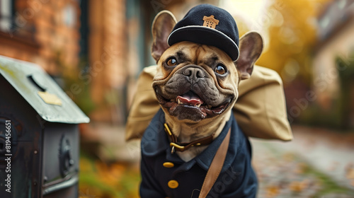 A French Bulldog wearing a postman's uniform and hat delivers a miniature package to a house-shaped mailbox. The dog holds a tiny mailbag over its shoulder and smiles cheerfully.  photo