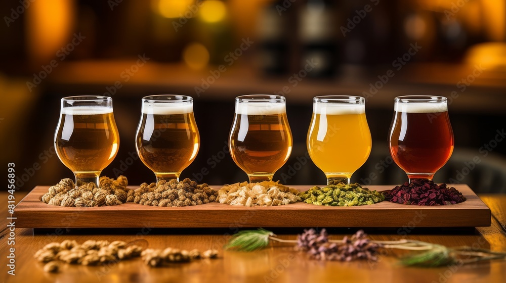 A wooden flight board with five full glasses of different beers. A wooden flight board with five full glasses of different beers.