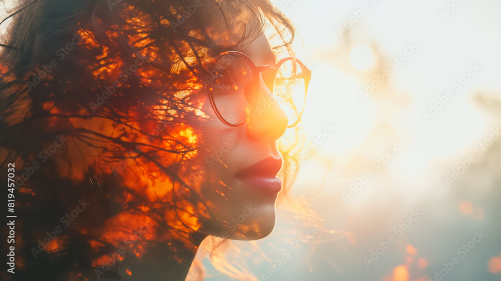 in white background, the Double Exposure of women reflects a joyful expression. A livable world happy concept. in white background, the Double Exposure of women reflects a joyful expression. A livable world happy concept.
