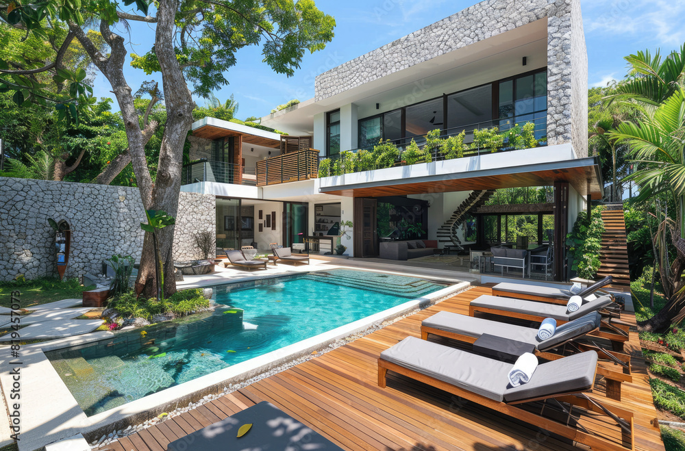 Three level villa with a wooden terrace, blue and white sun loungers on the deck, swimming pool in front of modern minimalist architecture with gray stone walls