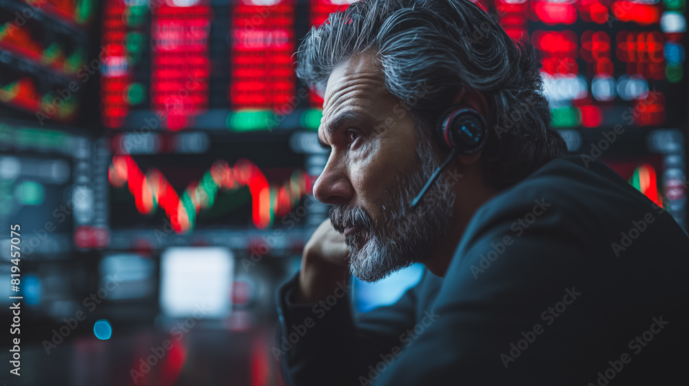 A Business Man Stressed Stock Exchange, Stock Market Collapse. Financial Crisis Concept with Stock Broker Saddened by Negative Ticker Information, Red Graphs. A Business Man Stressed Stock Exchange, Stock Market Collapse. Financial Crisis Concept with Stock Broker Saddened by Negative Ticker Information, Red Graphs.