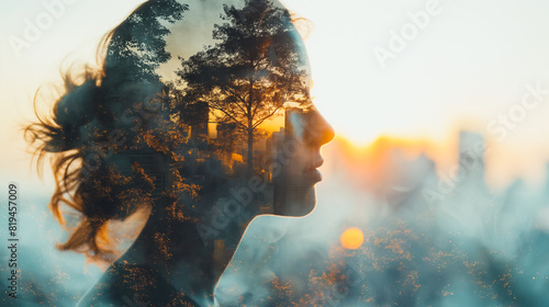 in white background, the Double Exposure of women reflects a joyful expression. A livable world happy concept.