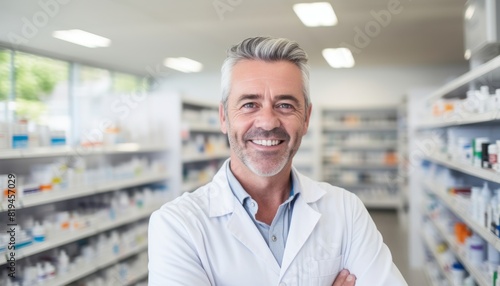 Confident male pharmacist standing with arms crossed in chemist shop