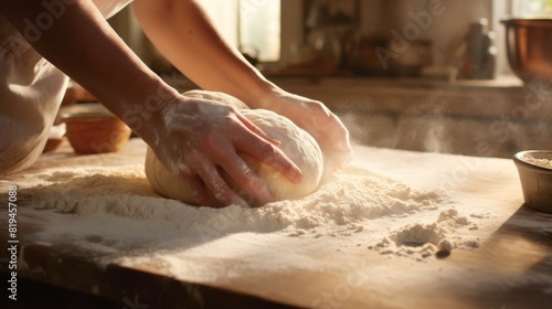Kneading dough for baking bread or pizza.