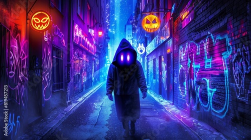 Mysterious figure in a hooded cloak walking down a neon-lit urban alley with graffiti and glowing pumpkins at night. photo