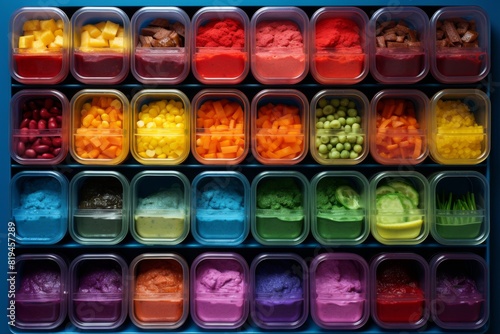 The image shows a variety of colorful powders in plastic containers. The powders are arranged in a rainbow pattern, with each container holding a different color. photo