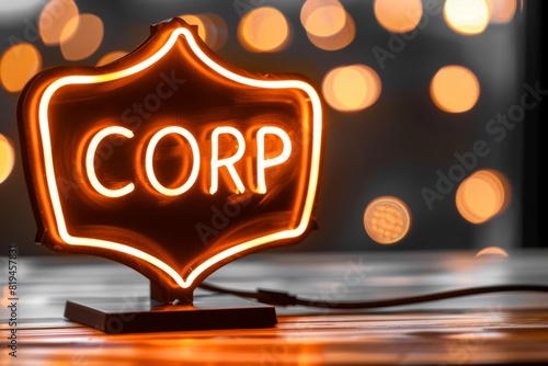 Neon sign with the word 'CORP' glowing against a bokeh background, representing corporate and business concepts. Illuminated office decor. photo