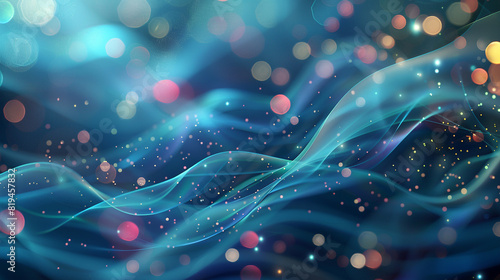 An abstract wavy background in deep blue and turquoise tones, surrounded by soft multicolor blur bokeh lights.