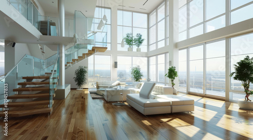 A spacious living room with large windows, showcasing an open plan design and wooden flooring © Kien