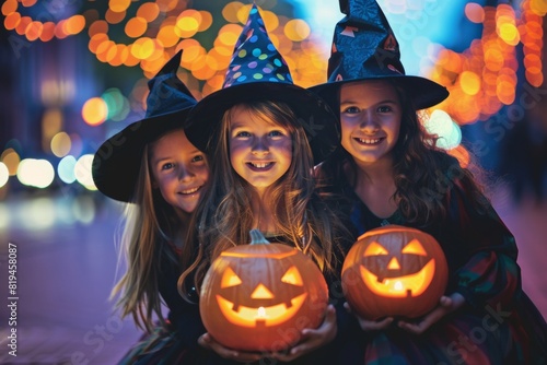 Three children dressed as witches with witch hats holding pumpkins smiling at the camera.