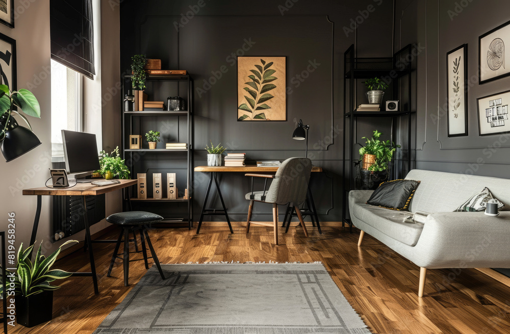 A stylish home office with dark grey walls, wooden floors and black accents, creating an elegant yet cozy atmosphere for work or study.