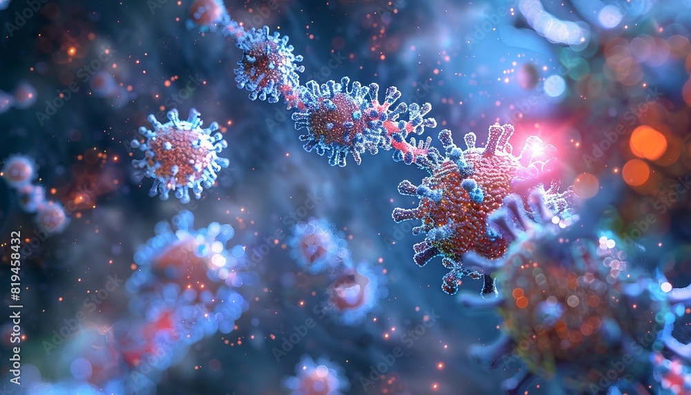 A close-up visualization of a virus with intricate details and vibrant colors, highlighting the complex structure and biological nature of viral particles.