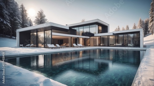 Architecture modern house villa with swimming pool in winter, 3D building design illustration