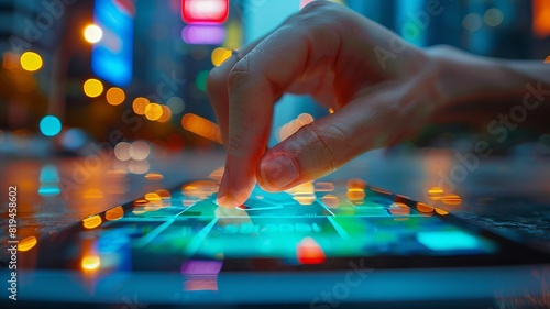Close-up of a hand touching a digital interface on a tablet with city lights in the background, representing modern technology and innovation.