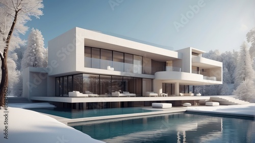 Architecture modern house villa with swimming pool in winter, 3D building design illustration © free