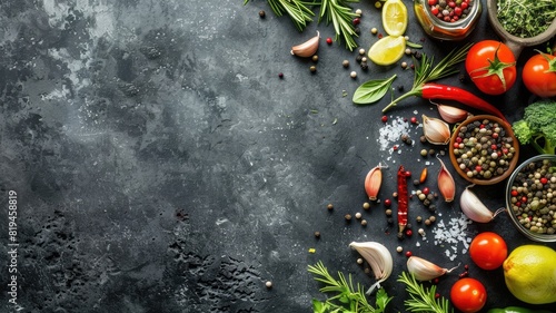 Fresh vegetables and spices scattered on dark textured surface