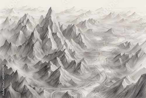 Pencil art sketches to create landscapes mountains and cities Looking from the cockpit of an airplane #819458894