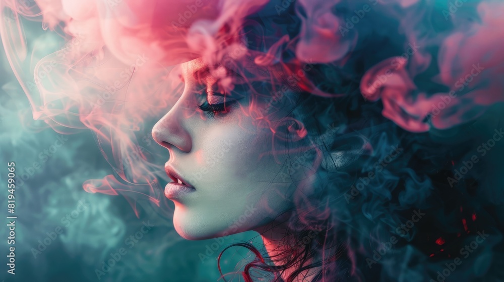 Side profile of woman amidst colorful smoke